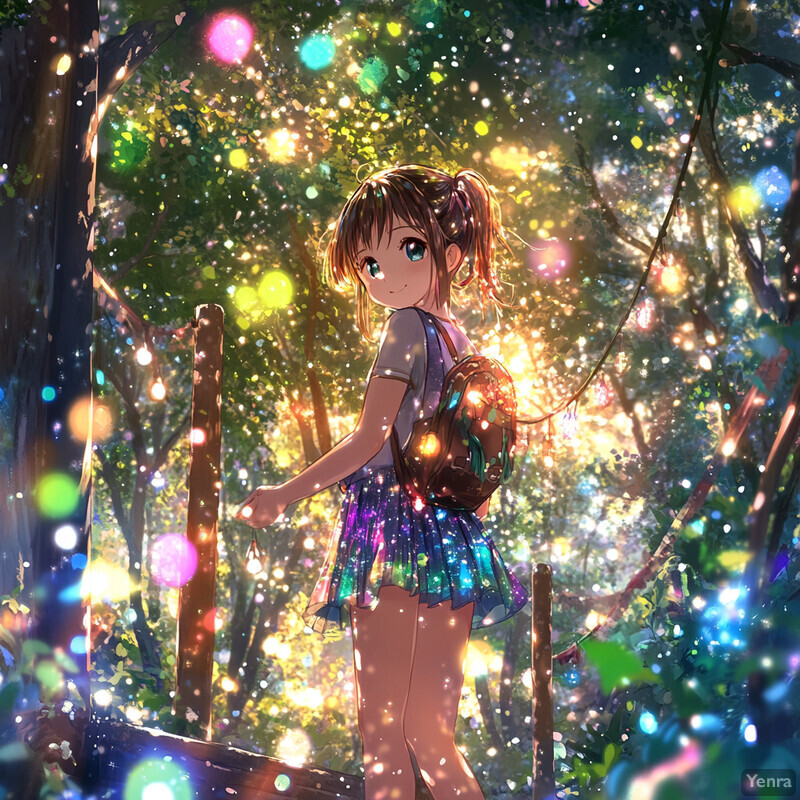 An anime-style girl stands in a forest, surrounded by lush greenery and vibrant colors.