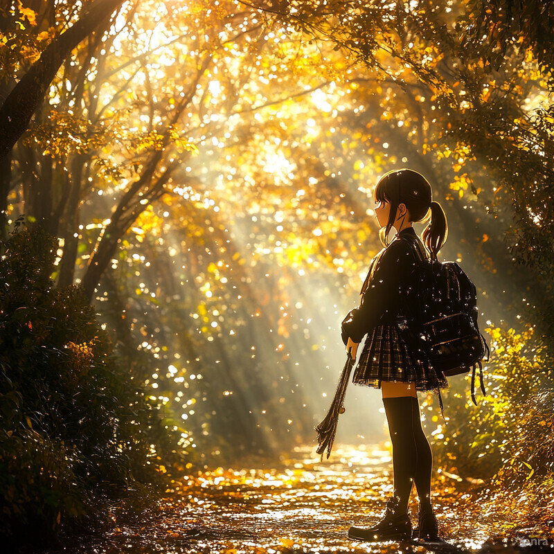 A young girl stands in a forest clearing, surrounded by trees and holding flowers.