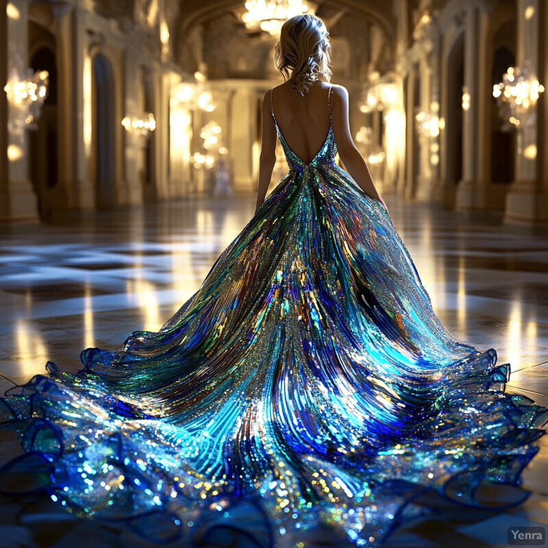 A woman in a stunning blue and gold gown stands facing away from the viewer in an ornate room.