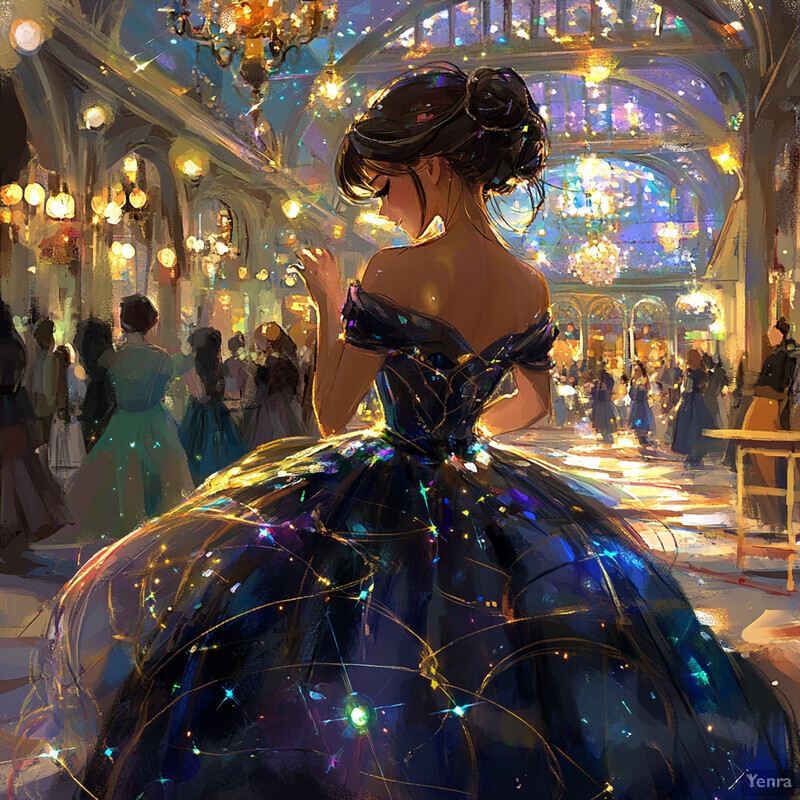 A woman in a blue ballgown stands in an ornate room filled with chandeliers and people dressed in formal attire.