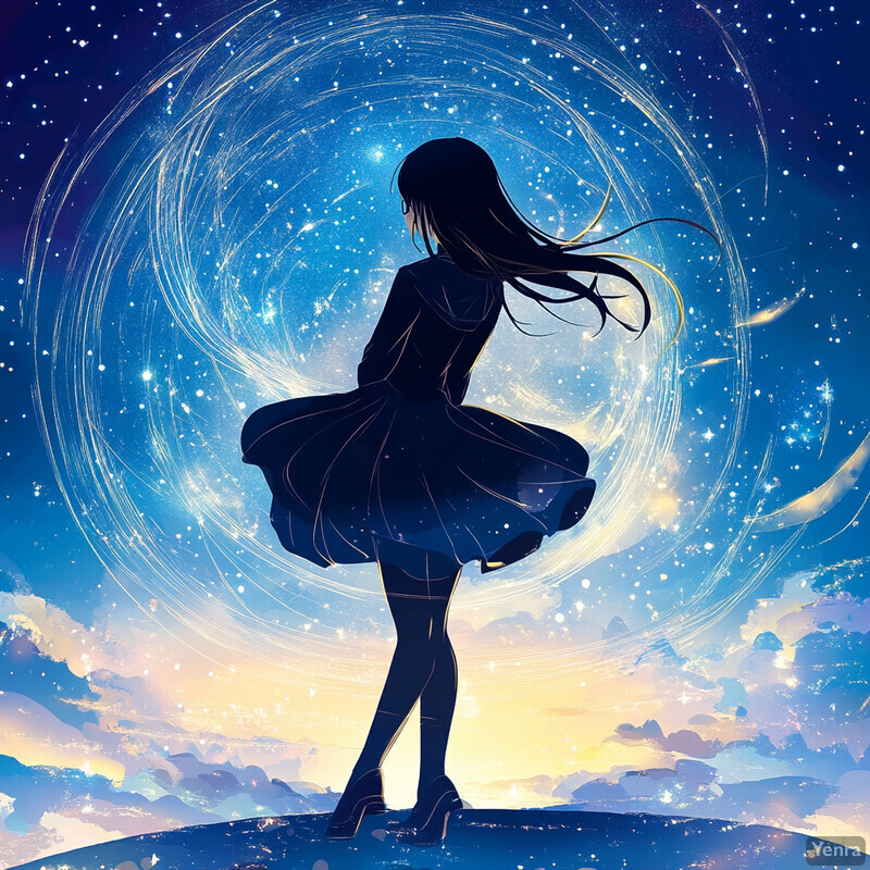 A woman stands on a hill, gazing out at a sunset, surrounded by stars and mountains.