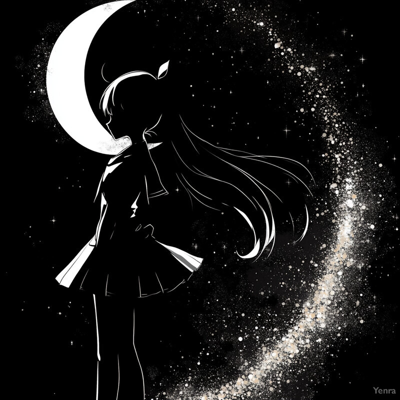 A serene anime-style girl stands before a crescent moon and stars, surrounded by peacefulness and enchantment.