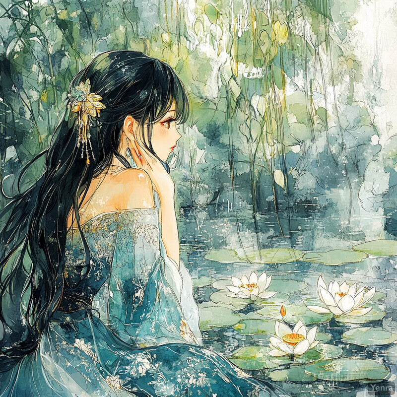 Anime-style illustration of a young woman in a white dress surrounded by water lilies