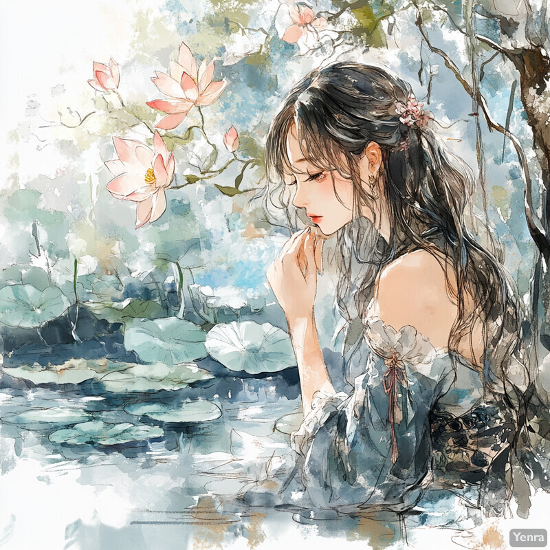 Anime-style illustration of a young woman in a blue dress standing beside a pond