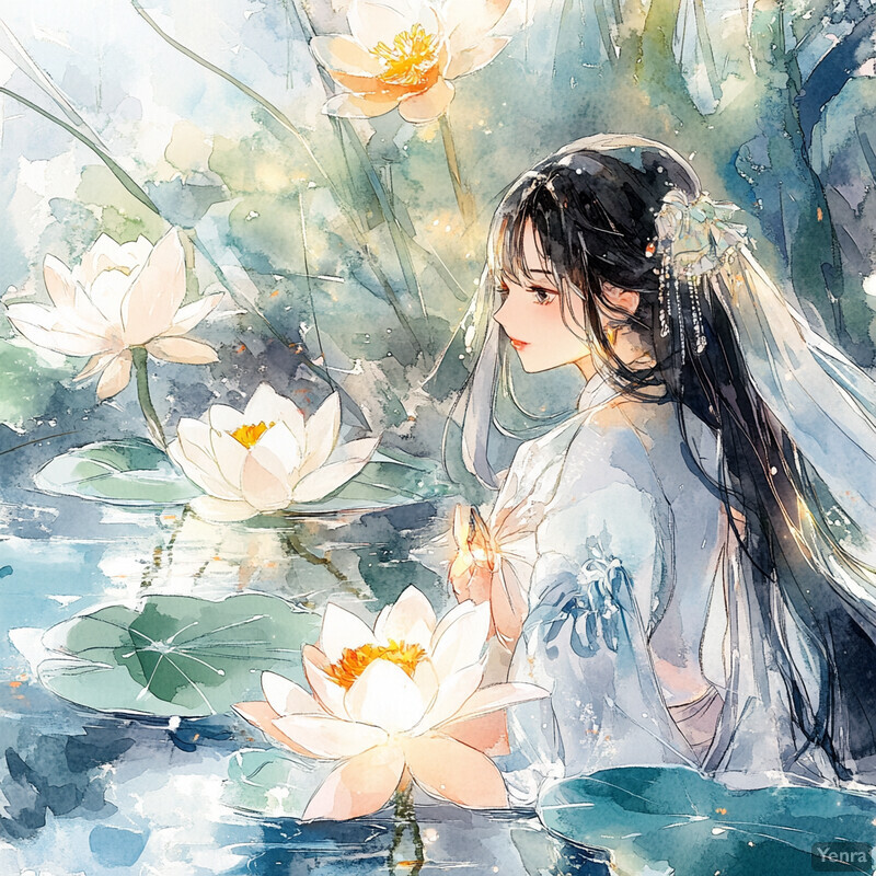 Anime-style illustration of a woman surrounded by luminous lotus flowers in a serene pond setting