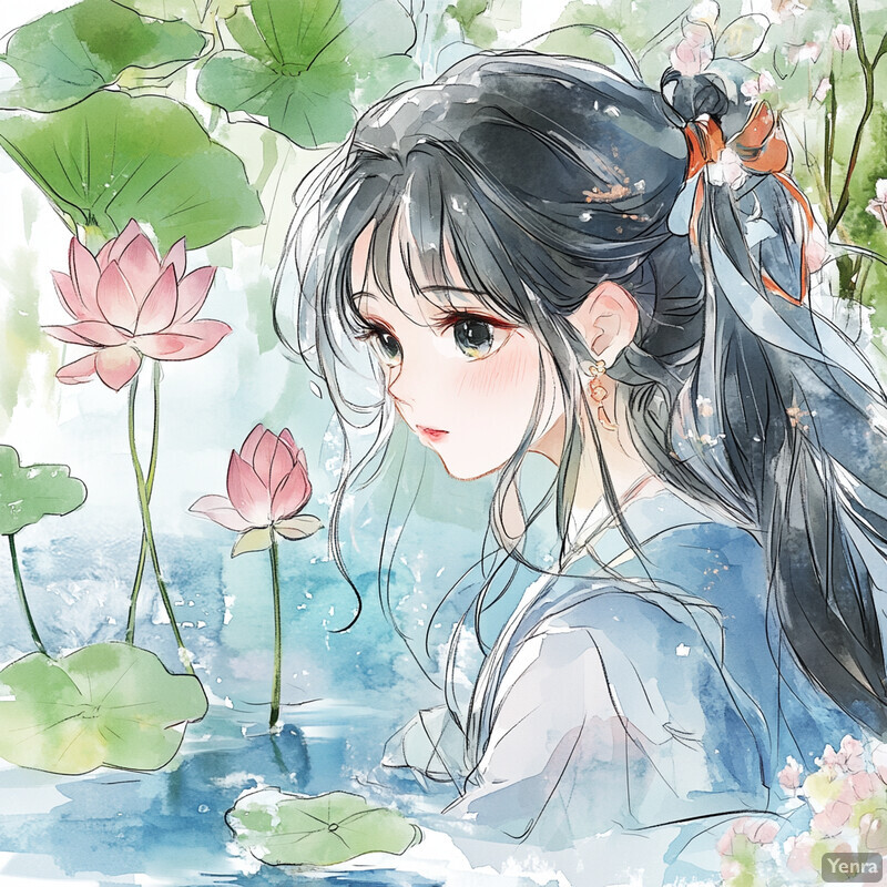 A serene and dreamy scene featuring a woman surrounded by lotus flowers and lily pads in a pond or lake