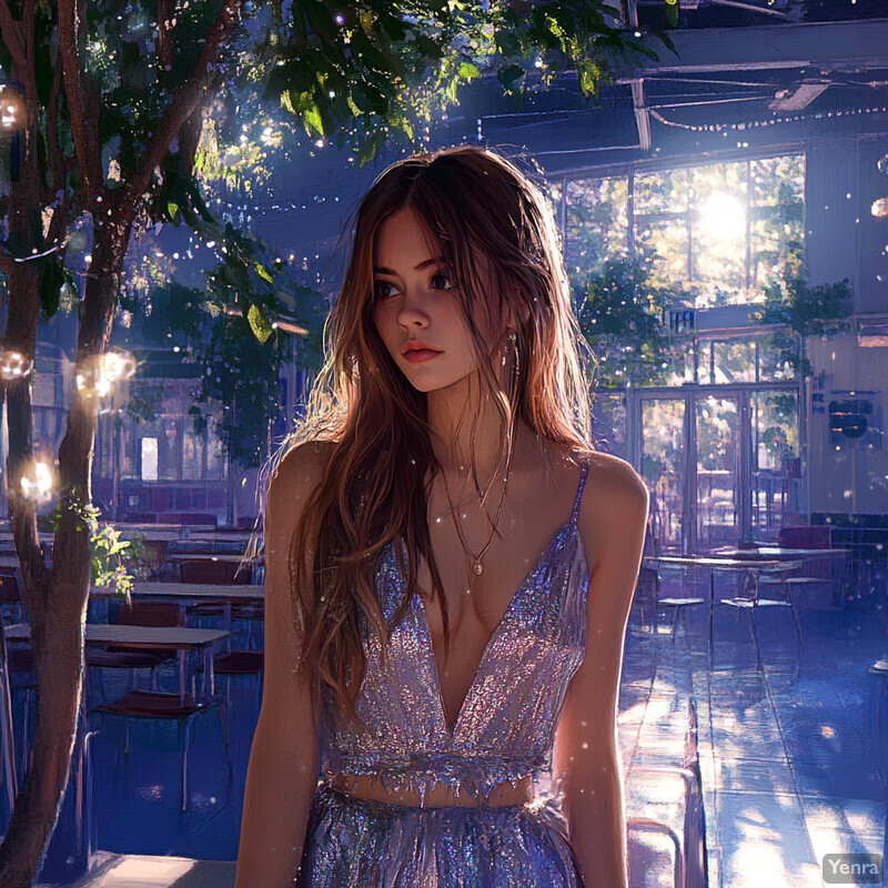 A young woman standing in a room with large windows and natural light