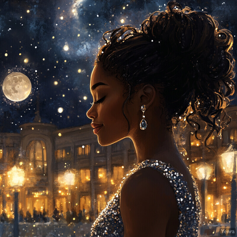 A serene nighttime scene featuring a woman gazing at the moon against a city backdrop.