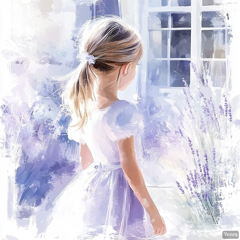 A young girl stands in front of a window, gazing at lush lavender plants outside.