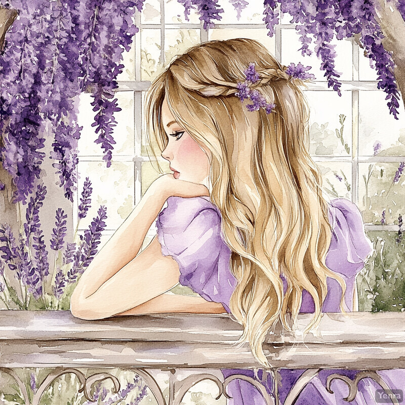 A young girl sits on a bench in front of a window with purple flowers