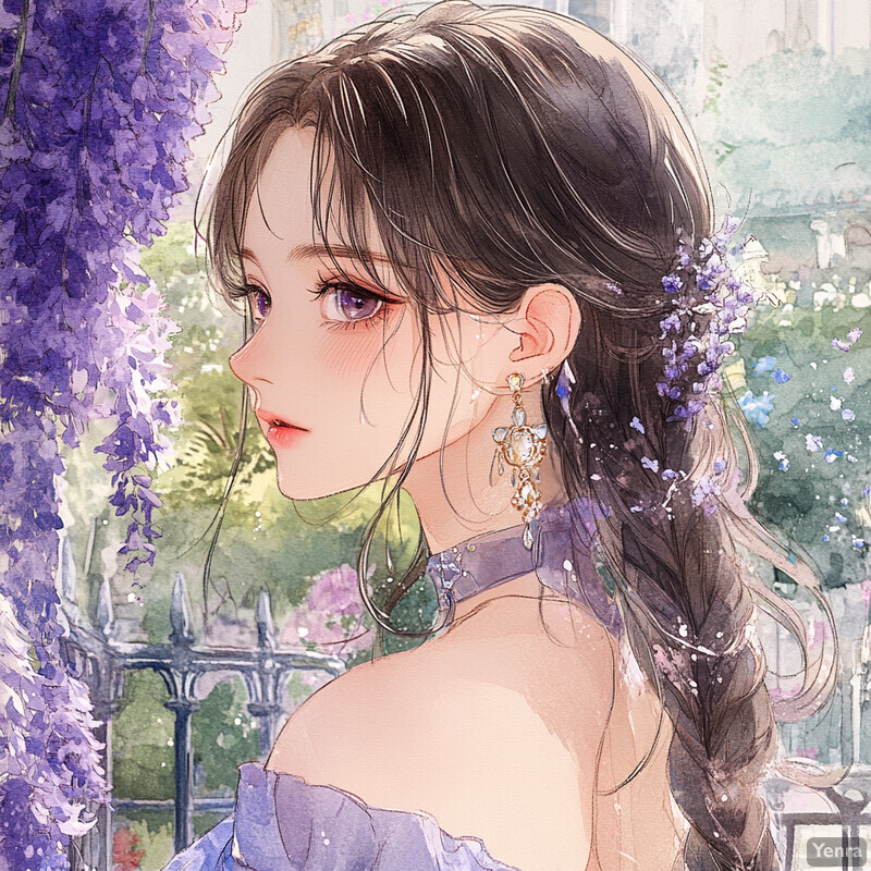 A serene depiction of a woman in a lilac dress surrounded by lush greenery and purple flowers, conveying a sense of calmness and connection to nature.