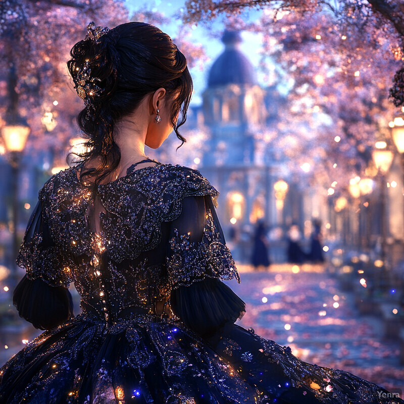 A woman in an elaborate black dress stands on a street lined with trees and lit by streetlights, exuding elegance and sophistication.