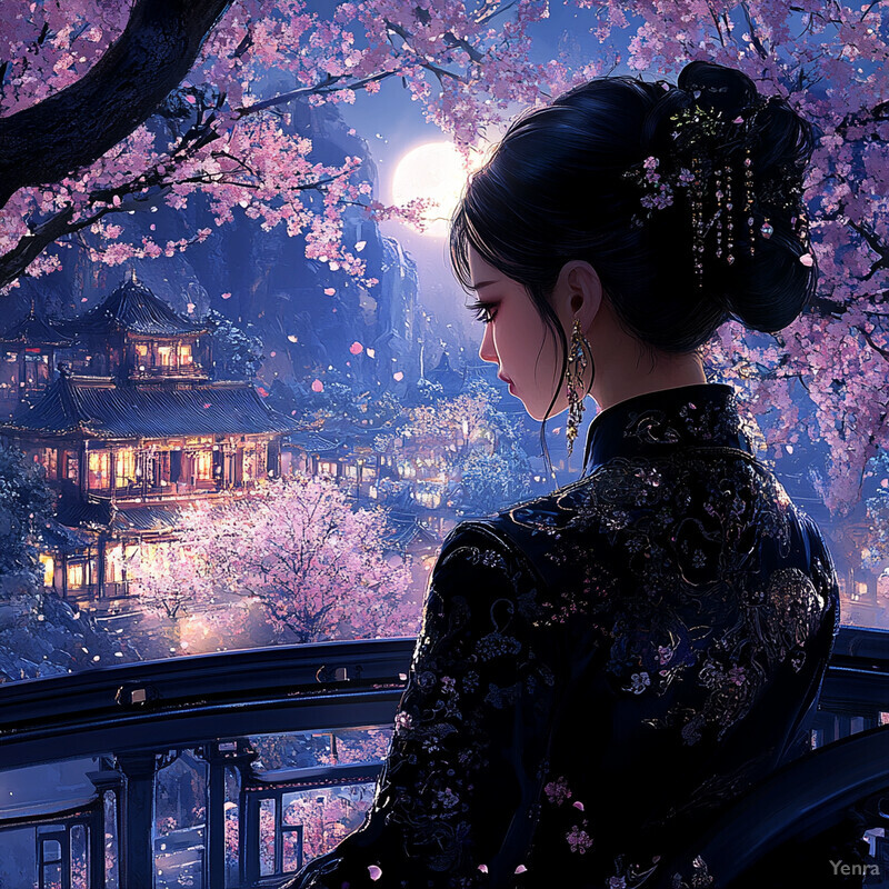 A woman gazes at a blooming cherry blossom tree in front of her home