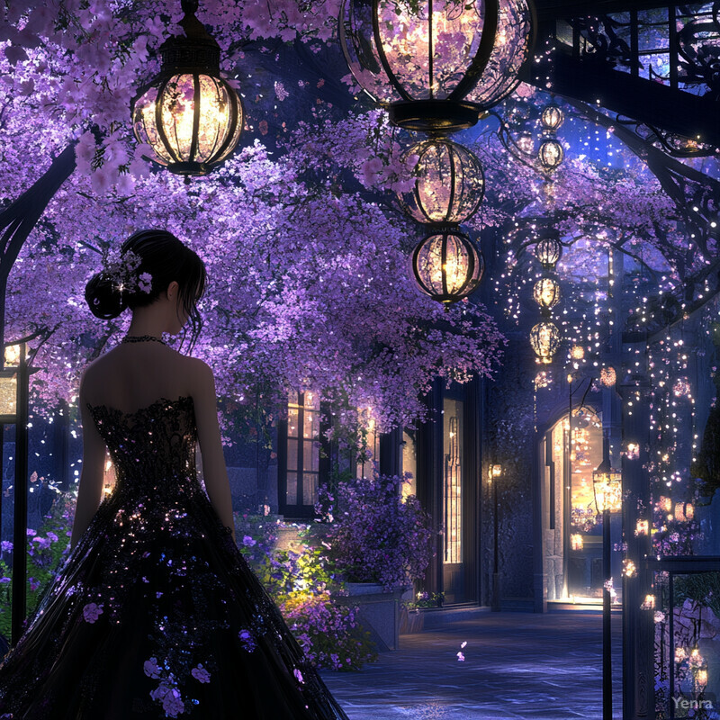 A woman in a black ball gown stands on a sidewalk at night surrounded by blooming cherry blossom trees and streetlights.