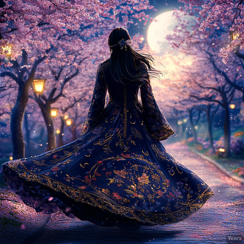 A woman walks down a cobblestone path lined with cherry blossom trees, wearing a long, dark blue dress with gold embroidery and floral patterns.