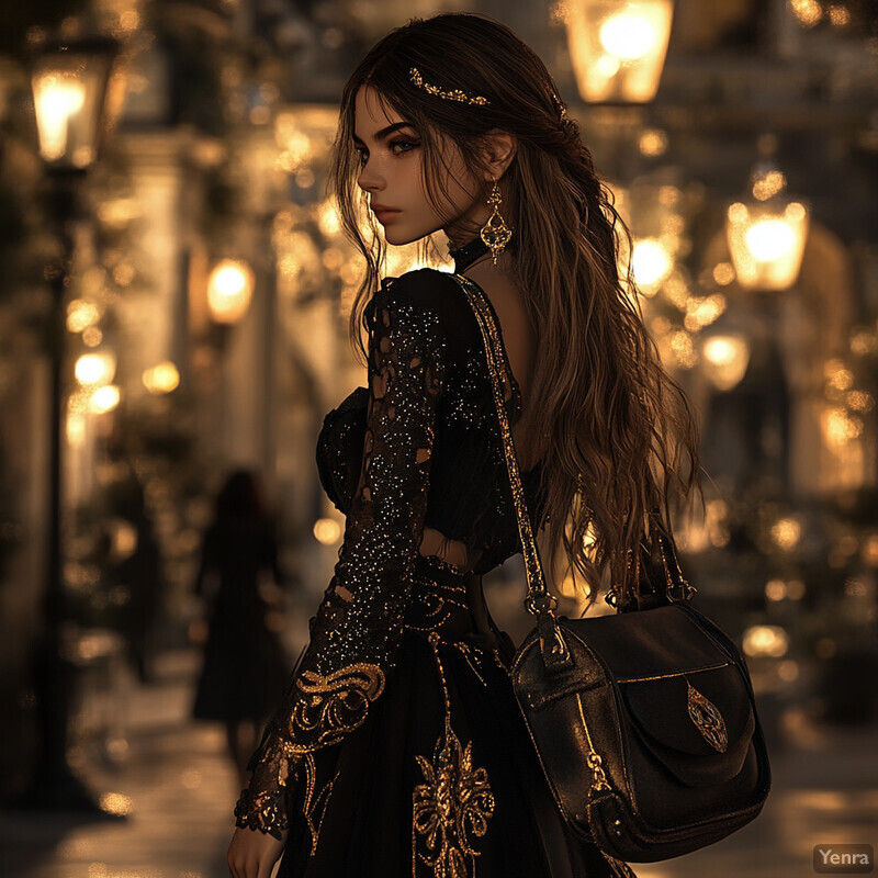 A woman stands in an urban setting at night, surrounded by streetlights and buildings, dressed in a black dress with gold embroidery and looking contemplative.