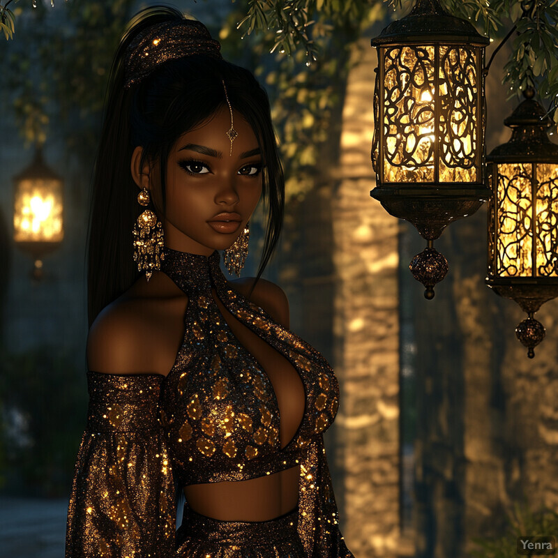 A woman stands confidently in front of three ornate lanterns, exuding elegance and sophistication.