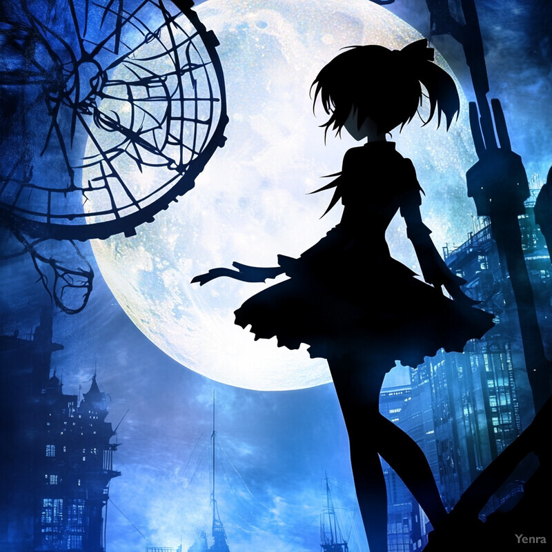 A silhouette of an anime girl dancing in front of a large moon