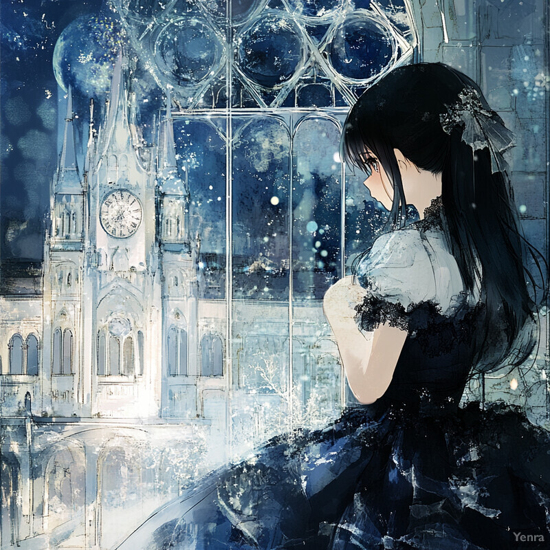 Anime-style illustration of a woman in front of a Gothic church