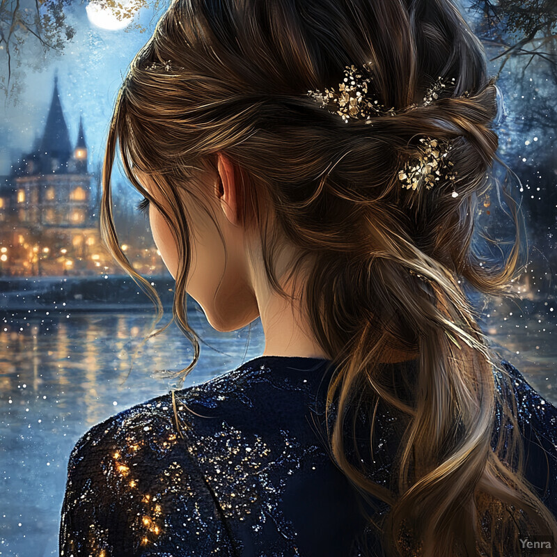 A woman with long brown hair styled in an intricate updo, wearing a dark blue or black dress featuring gold sequins, gazing towards the left side of the image against a serene body of water backdrop.