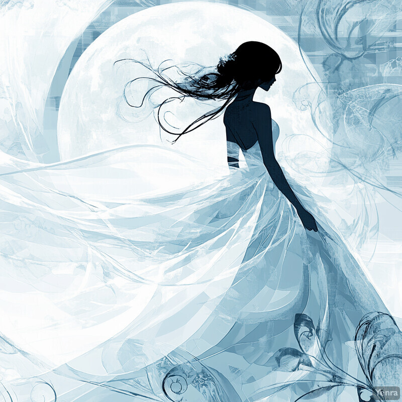 A woman in a flowing dress stands in front of a large moon, surrounded by abstract shapes and lines.