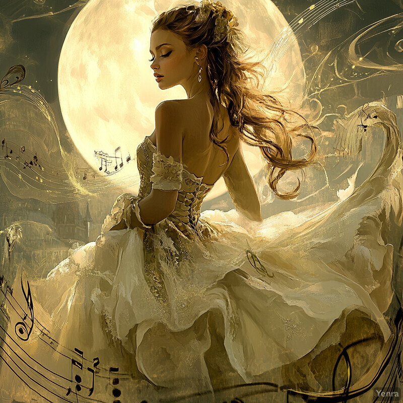 A woman in a white dress gazes up at the full moon, surrounded by a peaceful and magical atmosphere.