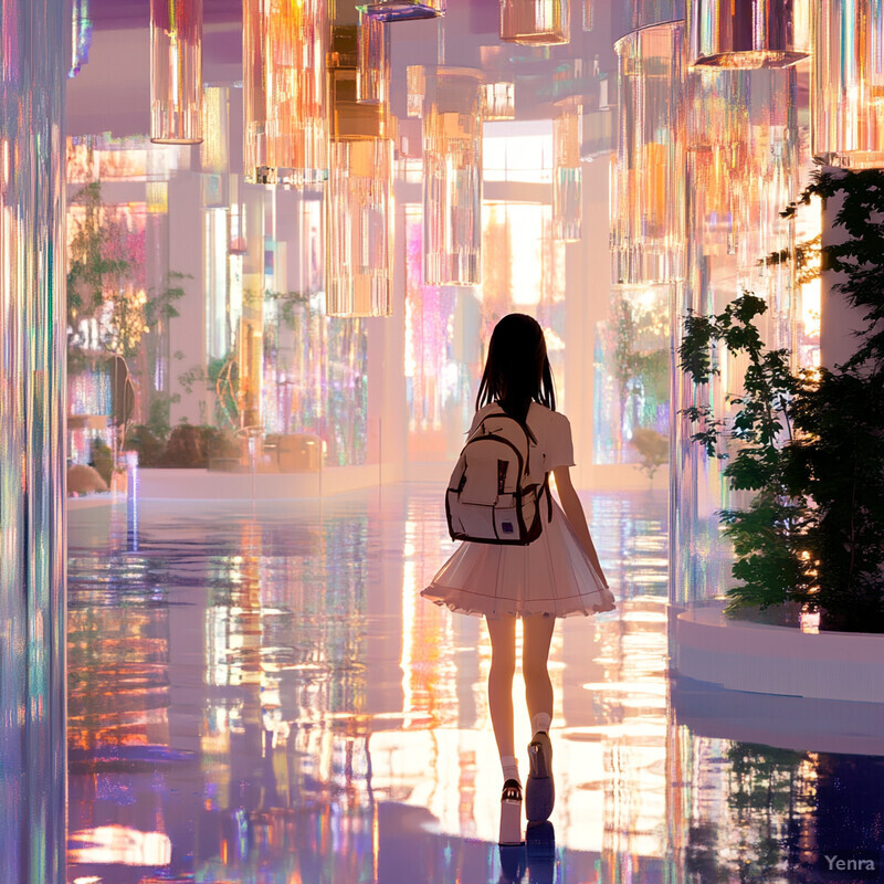 A young girl walks down an indoor hallway with glass walls