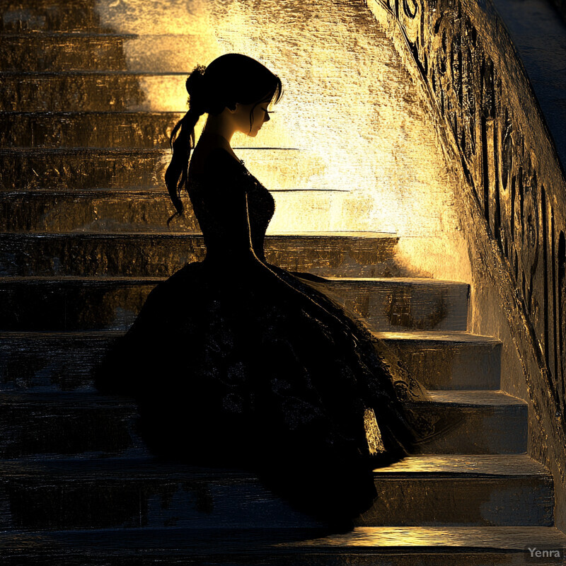 A woman in a long dress sits on stone steps, gazing into the distance amidst an atmosphere of elegance and mystery.