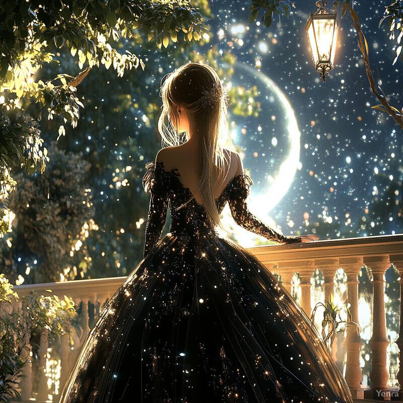 A woman stands on a balcony or porch, gazing out at a majestic moonlit night sky in a stunning black ballgown.