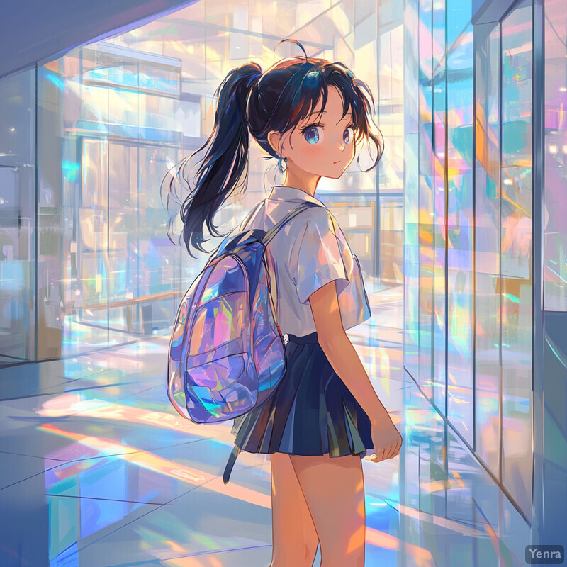 A young girl with long black hair stands in front of a modern glass building, gazing over her right shoulder.