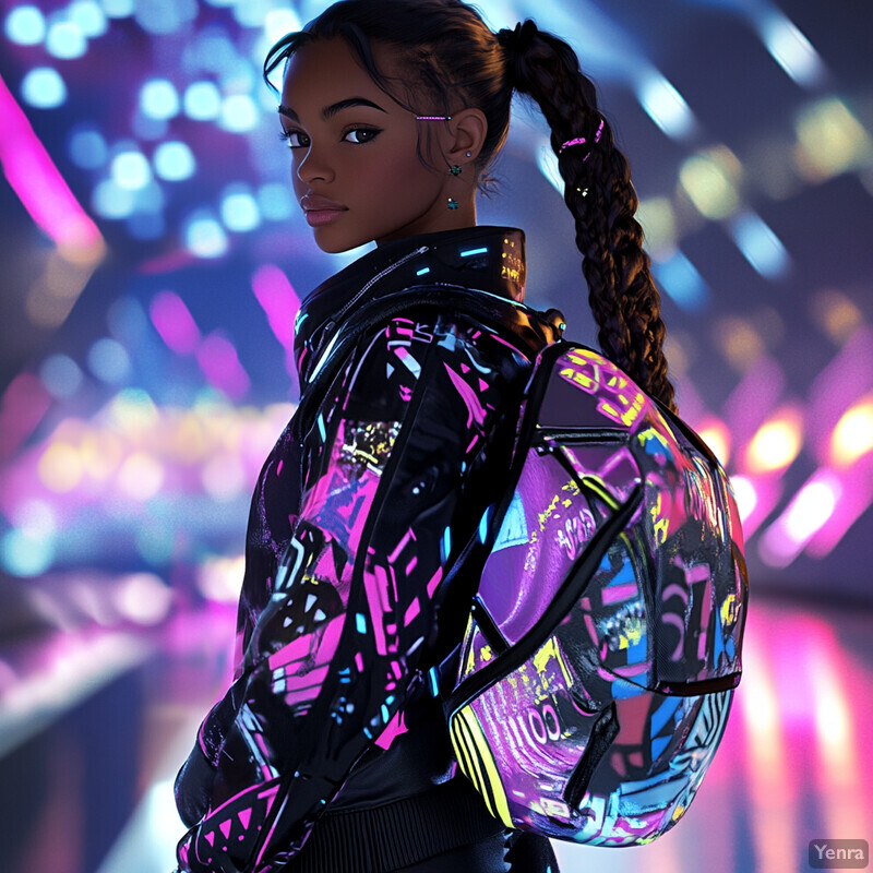 A woman with dark skin and black hair, wearing a shiny black jacket with neon designs, poses against a blurred city street backdrop at night.