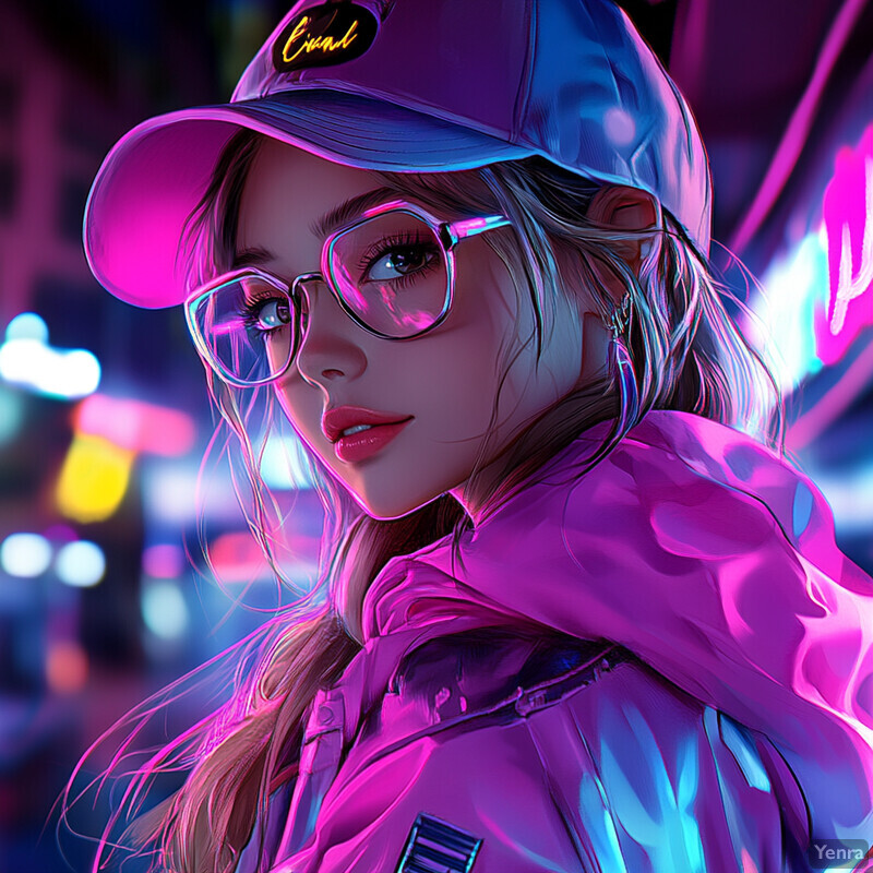 A young woman with long blonde hair wears a pink baseball cap and jacket, surrounded by neon lights.