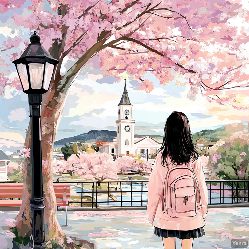 A girl stands in front of a church surrounded by blooming cherry blossoms