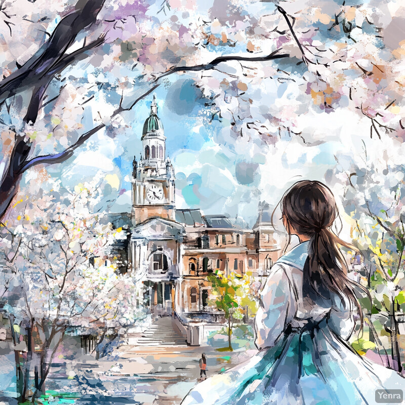 A young girl gazes at a grand building through blooming cherry blossom trees.