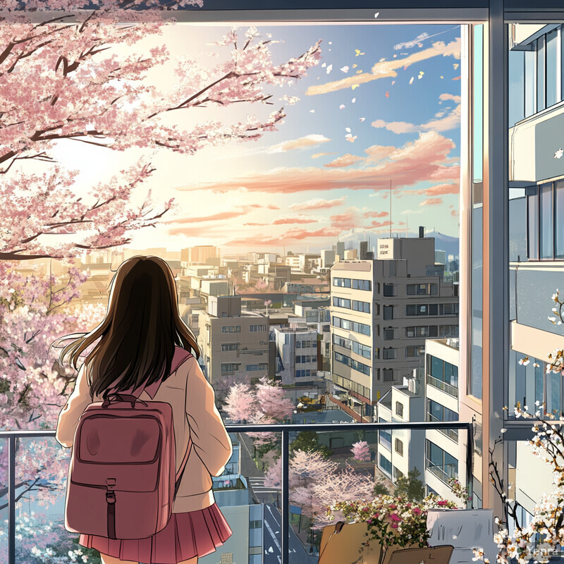 A young girl stands on a balcony overlooking a cityscape, gazing out at cherry blossom trees.