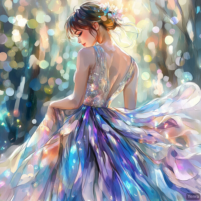 A woman in a pastel-colored dress stands amidst a forest backdrop, exuding tranquility and elegance.