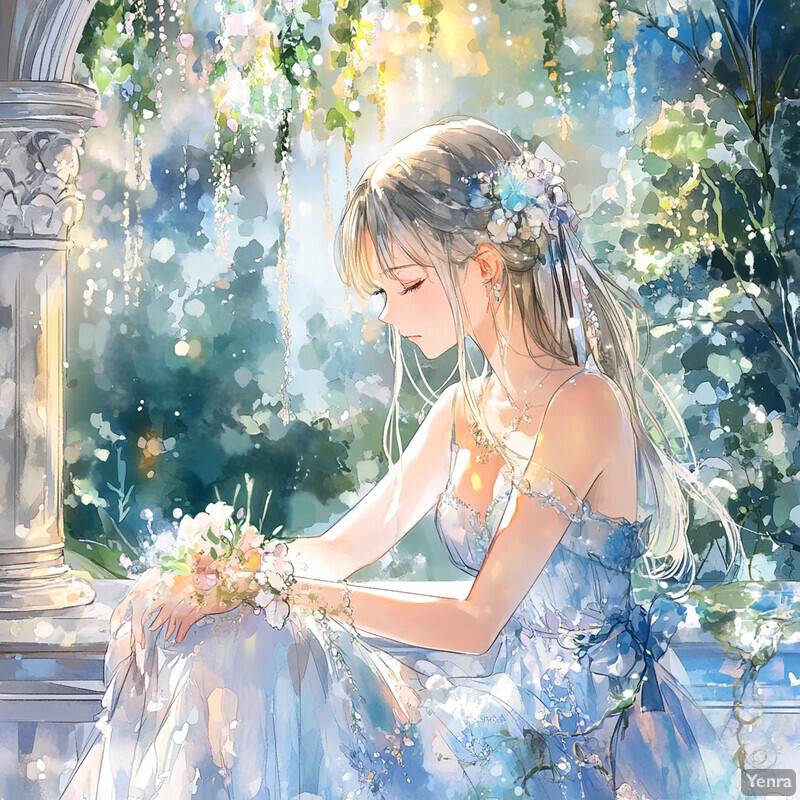 Anime-style illustration of a woman in a garden setting