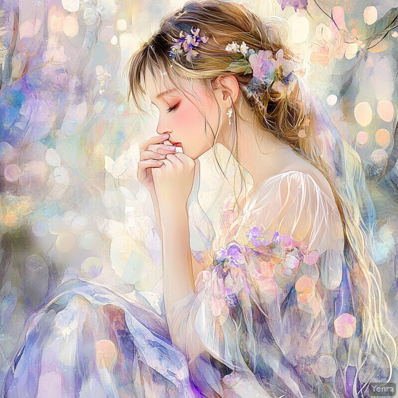 A serene and ethereal woman in a flowing white dress with purple flowers, lost in thought amidst a soft, dreamy background.