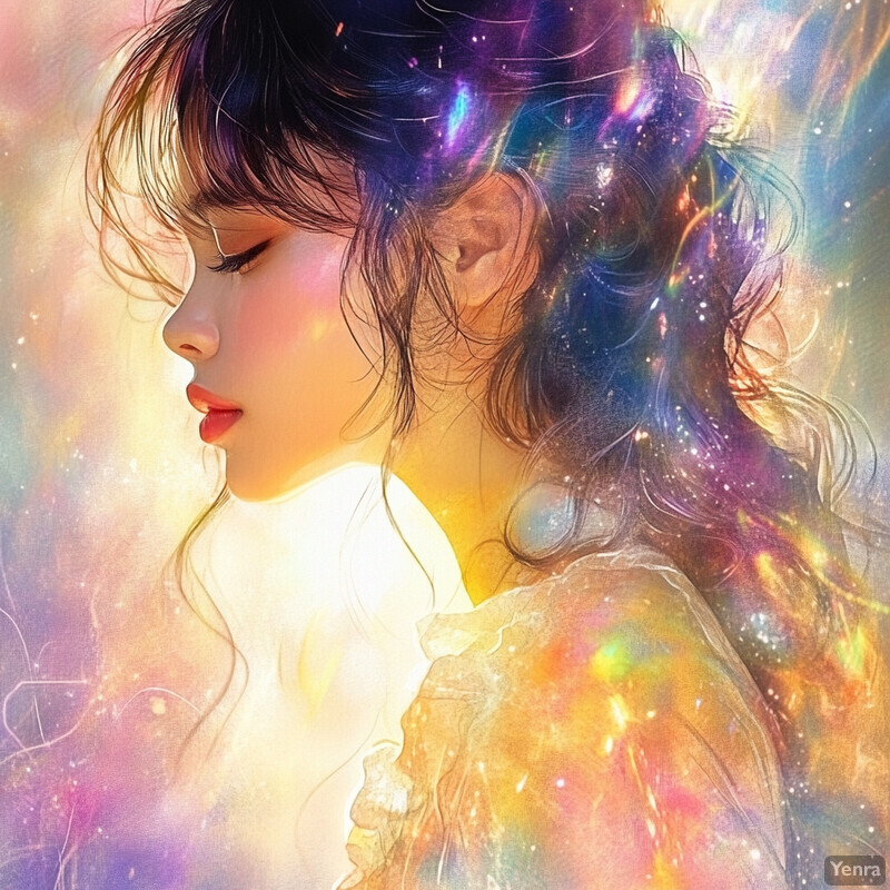 A serene and ethereal portrait of an Asian woman with long hair and bangs, set against a colorful background with sparkles and glitter effects.