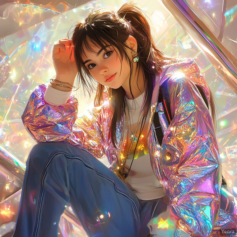 A young woman sits in front of a colorful background, wearing a pink holographic jacket and looking directly at the camera.