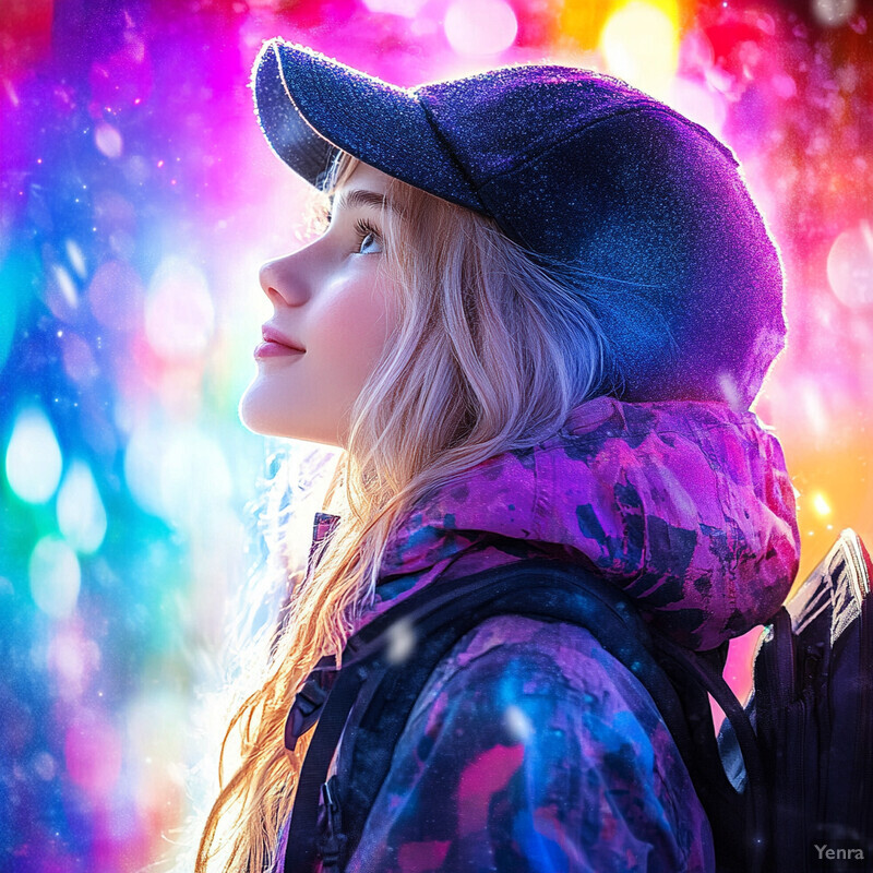 A young woman with long blonde hair and blue eyes, wearing a purple hat and backpack, posing for a photo on an outdoor setting.