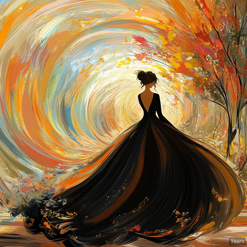 A woman stands in front of an abstract painting, wearing a flowing black dress.