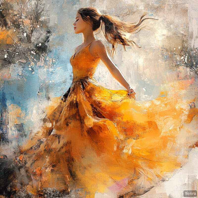 A woman in a flowing yellow dress dancing or twirling against a soft blue-gray background.