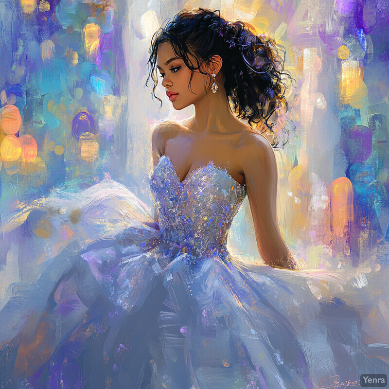 A painting of a woman in a blue dress set against a vibrant background