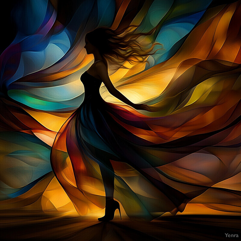 A woman in a flowing dress dances in front of an abstract background.