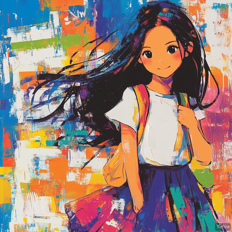 Vibrant painting of a young girl with long black hair