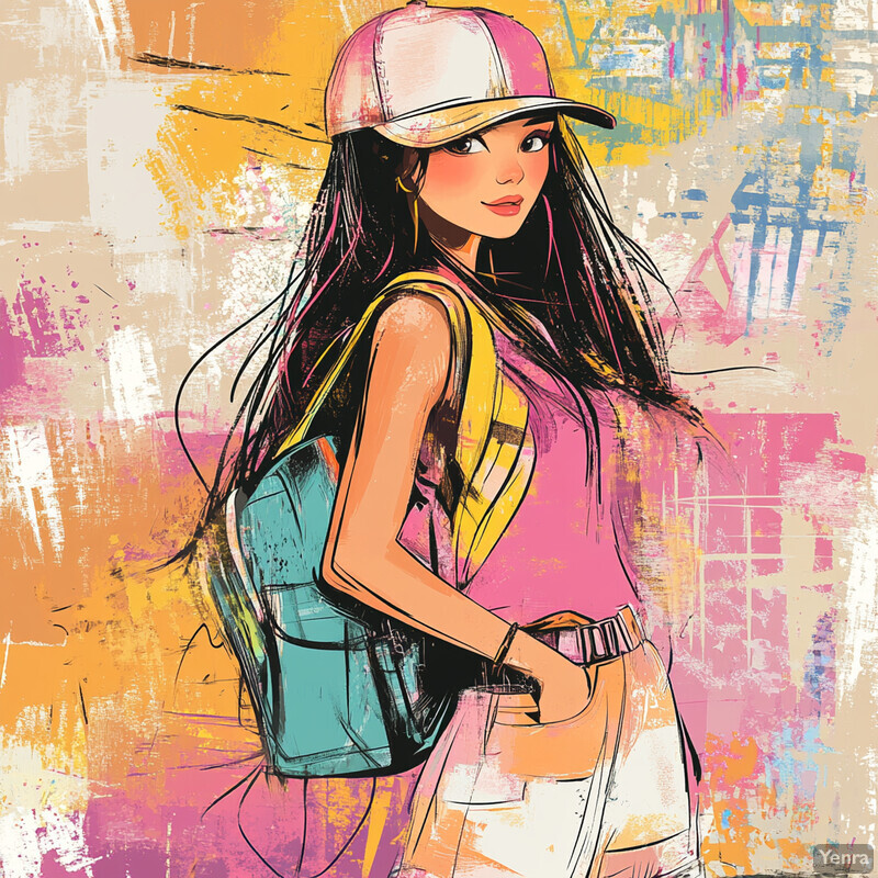 A young woman with long dark hair wearing a pink baseball cap and sleeveless top, holding a white bag or purse against a multicolored background.