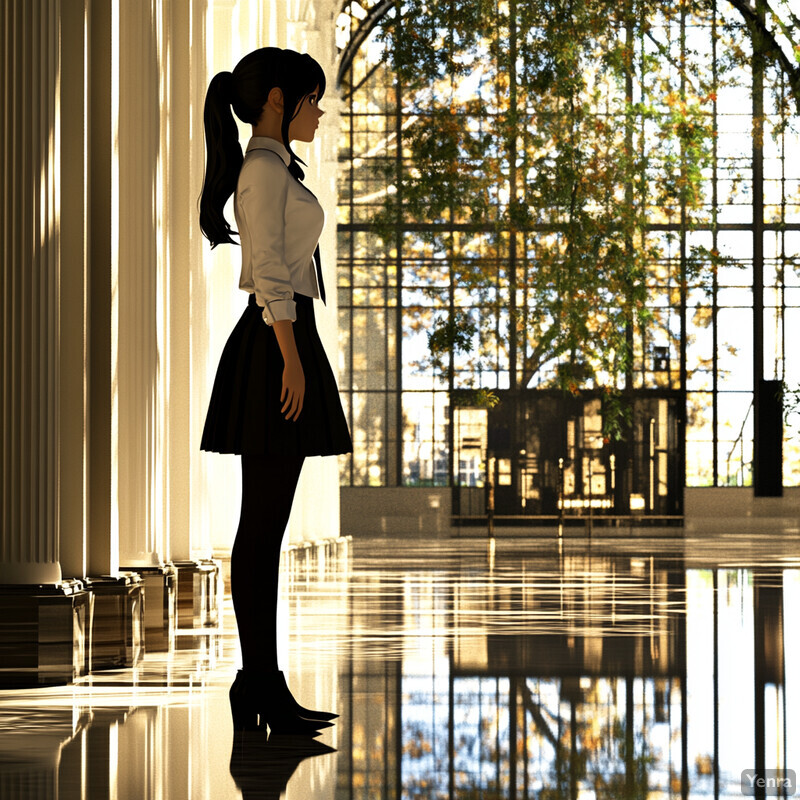 A woman stands in a spacious room with floor-to-ceiling windows, surrounded by trees and foliage outside.