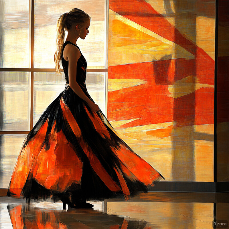 A young girl stands confidently in front of a large window, wearing a striking black and orange dress.