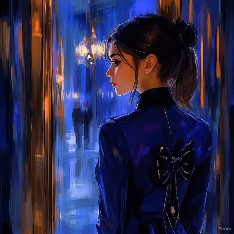 A woman stands in front of a window or mirror, wearing a dark blue leather jacket and looking out into an interior space with a room and person in the background.